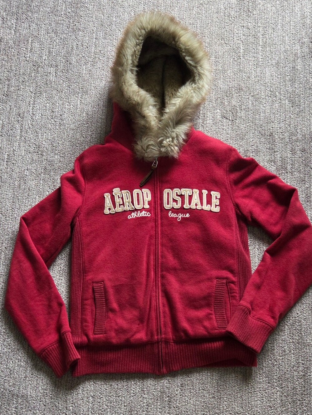 Vintage Aeropostale Red Zip-Up Bomber Jacket with Faux Fur Hood